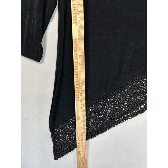 Chicos Travelers Black Lace Top Size 0 US Small Asymmetric Stretch 3/4 Sleeve - Picture 6 of 10